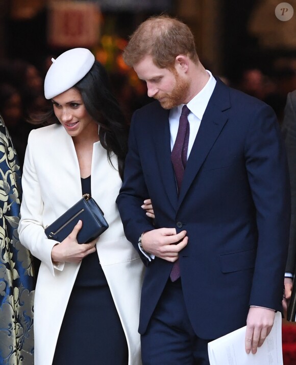 Le prince Harry et Meghan Markle, coiffée d'un chapeau Amanda Wakeley, quittent la messe du "Commonwealth Day" à l'Abbaye de Westminster à Londres, le 12 mars 2018.