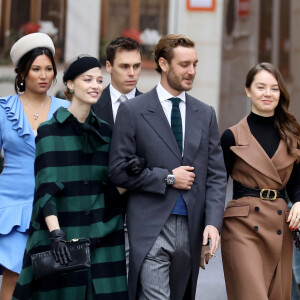 Louis Ducruet et sa femme Marie, Pierre Casiraghi et sa femme Beatrice Borromeo, la princesse Alexandra de Hanovre - La famille princière de Monaco arrive à la cathédrale Notre-Dame-Immaculée lors de la fête Nationale monégasque à Monaco le 19 novembre 2019. © Dominique Jacovides/Bestimage