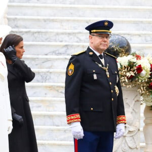 La princesse Caroline de Hanovre, la princesse Charlène de Monaco, la princesse Stéphanie de Monaco, Le prince Albert II de Monaco - La famille princière de Monaco dans la cour du palais lors de la fête Nationale monégasque à Monaco le 19 novembre 2019. © Olivier Huitel/Pool Monaco/Bestimage