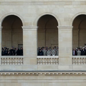 Le Président de la République, Emmanuel Macron préside l'Hommage national rendu aux treize militaires morts pour la France en opérations extérieures, dans la cour de l'Hôtel national des Invalides. Six officiers, six sous-officiers et un caporal-chef ont trouvé la mort en opération, dans la soirée du lundi 25 novembre 2019. Paris, France, le 2 décembre 2019. © Stéphane Lemouton / Bestimage