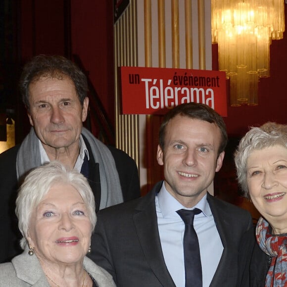 Emmanuel Macron avec sa femme Brigitte Trogneux, Line Renaud, Michel Bouquet et sa femme Juliette Carré, Muriel Robin et Francis Lombrail - People à la générale de la pièce "A torts et à raison" au théâtre Hébertot à Paris le 25 janvier 2016. © Coadic Guirec/Bestimage