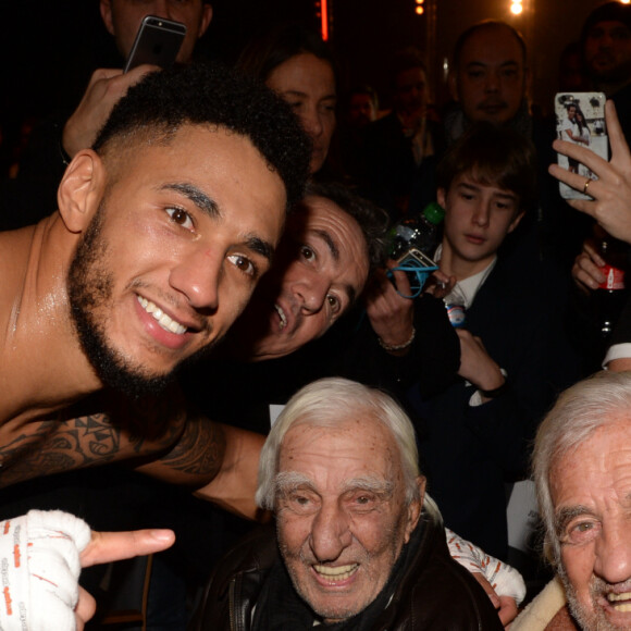 Exclusif - Tony Yoka, Charles Gérard et Jean-Paul Belmondo - Backstage et cocktail lors du troisième round de "La Conquête" à la Seine Musicale à Boulogne-Billancourt, le 16 décembre 2017. © Rachid Bellak/Bestimage