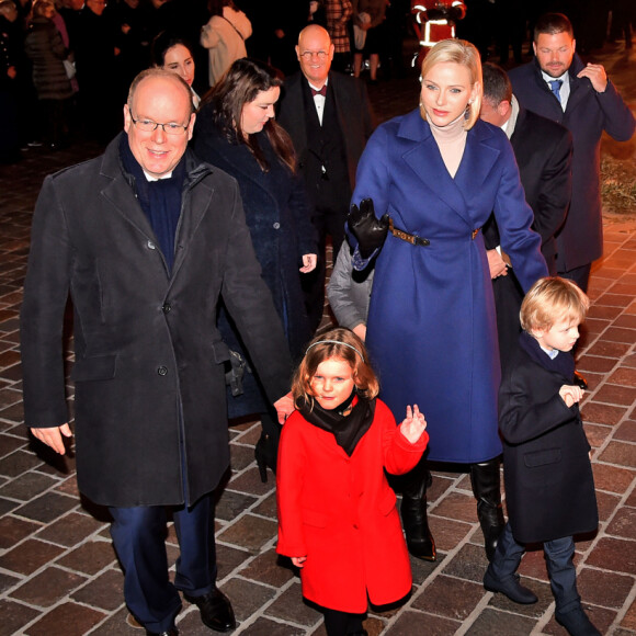 Le prince Albert II de Monaco, sa femme la princesse Charlene et leurs enfants le prince héréditaire Jacques et la princesse Gabriella durant la célébration de la Sainte Dévote, Sainte patronne de Monaco, à Monaco le 26 janvier 2020. © Bruno Bebert/Bestimage