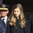La princesse Leonor des Asturies, fille aînée du roi Felipe VI et de la reine Letizia d'Espagne, devant le Congrès à Madrid le 3 février 2020 lors de la cérémonie d'ouverture de la XIVe législature du Parlement espagnol.