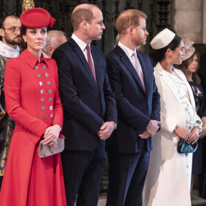 Le prince William, duc de Cambridge, Catherine (Kate) Middleton, duchesse de Cambridge, le prince Harry, duc de Sussex, et Meghan Markle, duchesse de Sussex, enceinte, le prince Charles, prince de Galles, et Camilla Parker Bowles, duchesse de Cornouailles, - La famille royale britannique à la messe en l'honneur de la journée du Commonwealth à l'abbaye de Westminster à Londres, Royaume Uni, le 11 mars 2019.