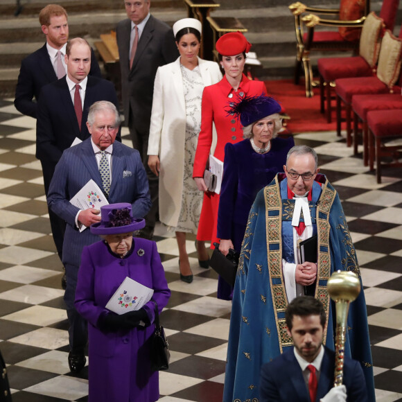 La reine Elisabeth II d'Angleterre, le prince Charles, prince de Galles, et Camilla Parker Bowles, duchesse de Cornouailles, le prince William, duc de Cambridge, et Catherine (Kate) Middleton, duchesse de Cambridge, le prince Harry, duc de Sussex, et Meghan Markle, duchesse de Sussex, enceinte, - La famille royale britannique à la messe en l'honneur de la journée du Commonwealth à l'abbaye de Westminster à Londres, Royaume Uni, le 11 mars 2019.