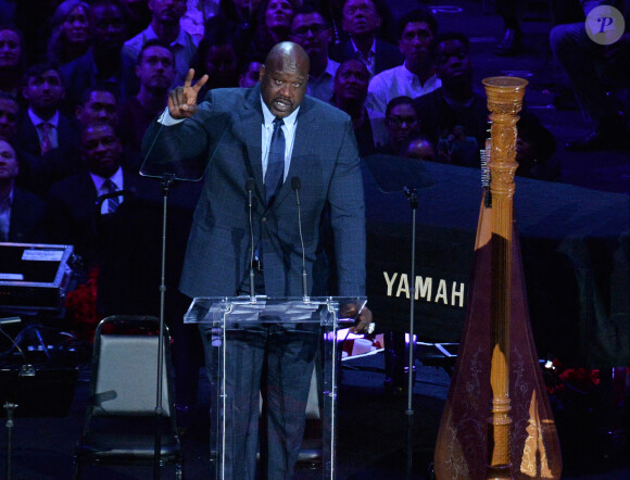 Shaquille O'Neal livre un discours émouvant lors de l'hommage à Kobe Bryant et sa fille Gianna au Staples Center de Los Angeles, le 24 février 2020.