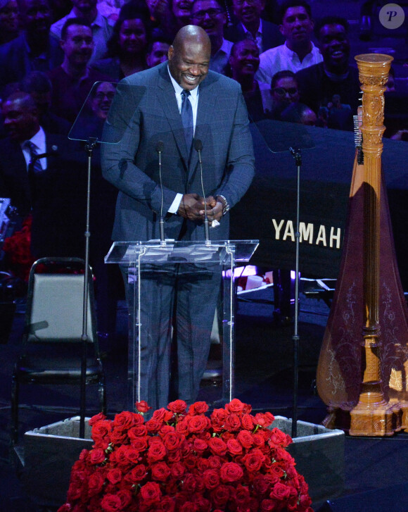 Shaquille O'Neal livre un discours émouvant lors de l'hommage à Kobe Bryant et sa fille Gianna au Staples Center de Los Angeles, le 24 février 2020.