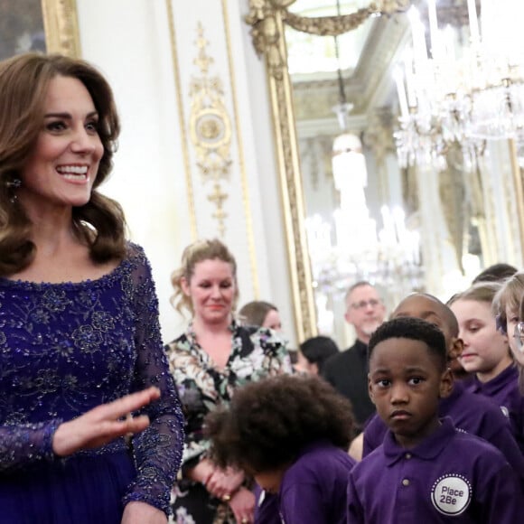 Kate, duchesse de Cambridge, assiste à la réception des 25 ans de l'association pour enfants Place2Be à Buckingham Palace. Londres, le 9 mars 2020.