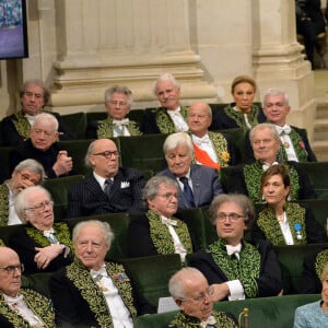 Frédéric Mitterrand, Jean-Michel Wilmotte, Roman Polanski, Yann Arthus-Bertrand, Farah Palhavi, Marc Ladreit de Lacharriere, Adrien Goetz, Marc Lambron, Jacques Perrin, Karim Aga Khan lors de la cérémonie d'installation de Frédéric Mitterrand à l'académie des Beaux-Arts à Paris, France, le 5 février 2020. © Veeren/Bestimage