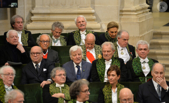 Jean-Michel Wilmotte, Roman Polanski, Yann Arthus-Bertrand, Farah Palhavi, Marc Ladreit de Lacharriere, Adrien Goetz, Marc Lambron, Jacques Perrin, Karim Aga Khan lors de la cérémonie d'installation de Frédéric Mitterrand à l'académie des Beaux-Arts à Paris, France, le 5 février 2020. © Veeren/Bestimage