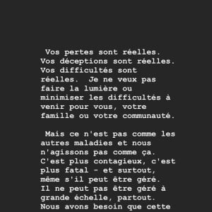 Dans un long message, Laeticia Hallyday appelle les Français à se responsabiliser face au coronavirus et à prendre les bonnes précautions, le dimanche 15 mars 2020.