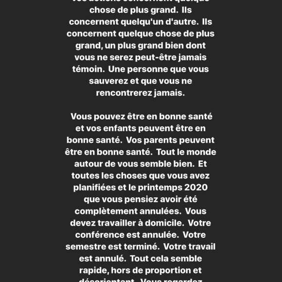 Dans un long message, Laeticia Hallyday appelle les Français à se responsabiliser face au coronavirus et à prendre les bonnes précautions, le dimanche 15 mars 2020.