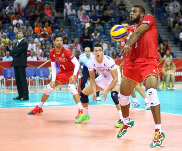 Earvin Ngapeth lors du match de volley-ball France - Iran aux championnats du monde de volley-ball. Cracovie, le 5 septembre 2014.