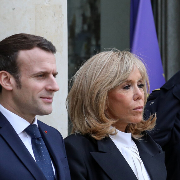 Le président Emmanuel Macron, la première dame Brigitte Macron - Le roi et la reine d'Espagne arrivent au palais de l'Elysée à Paris pour un déjeuner avant la cérémonie à l'occasion de la première journée nationale d'hommage aux victimes du terrorisme le 11 mars 2020. © Stéphane Lemouton / Bestimage