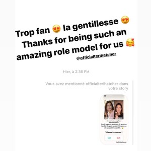 Iris Mittenaere est ravie d'avoir eu un message de Teri Hatcher, son idole, le 26 mars 2020.