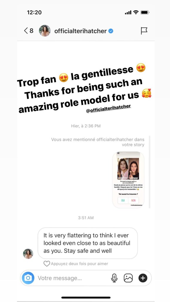 Iris Mittenaere est ravie d'avoir eu un message de Teri Hatcher, son idole, le 26 mars 2020.