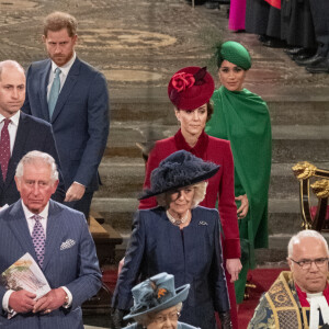 Le prince William, duc de Cambridge, et Catherine (Kate) Middleton, duchesse de Cambridge, Le prince Charles, prince de Galles, et Camilla Parker Bowles, duchesse de Cornouailles, La reine Elisabeth II d'Angleterre, Le prince Harry, duc de Sussex, Meghan Markle, duchesse de Sussex - La famille royale d'Angleterre lors de la cérémonie du Commonwealth en l'abbaye de Westminster à Londres le 9 mars 2020.