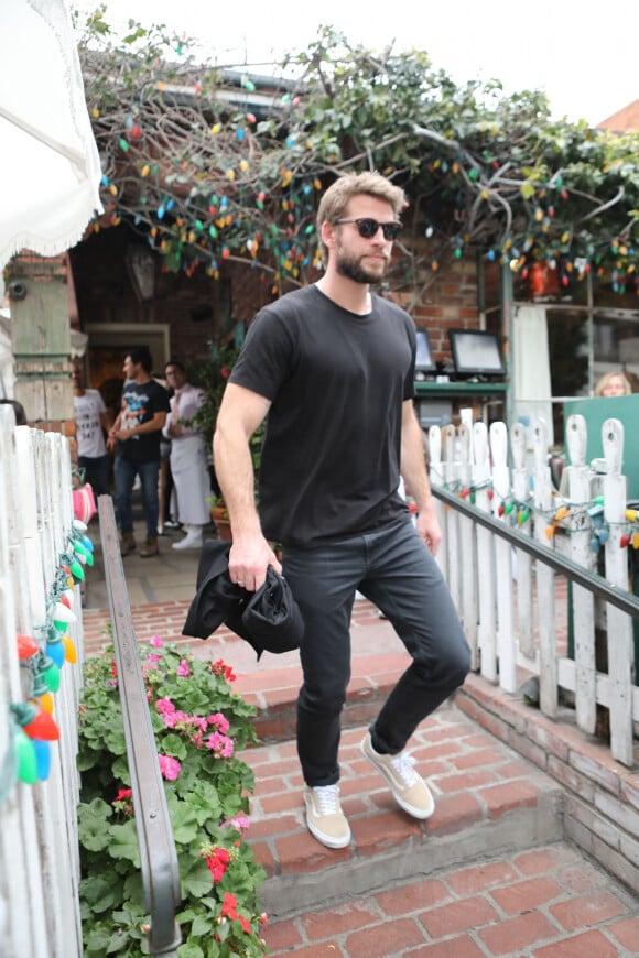Liam Hemsworth est allé déjeuner avec sa compagne Gabriella Brooks, son frère Luke Hemsworth et sa femme Samantha Hemswort et des amis dans le quartier de West Hollywood à Los Angeles, le 27 février 2020