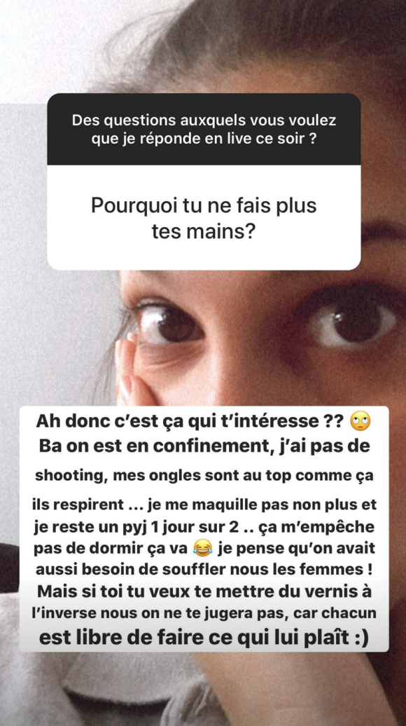 Pourquoi Iris Mittenaere ne se fait plus de manucure ? Elle répond à la question d'un follower sur Instagram, dans sa story du mercredi 15 avril 2020.
