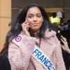 Exclusif - Clémence Botino (Miss France 2020) quitte le siège du groupe Figaro à Paris le 16 décembre 2019.