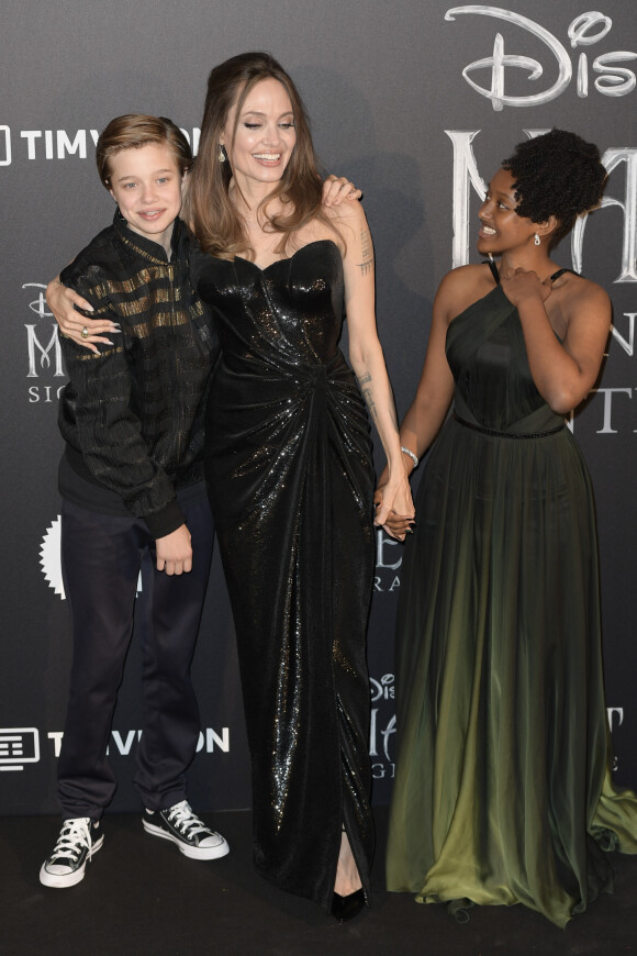 Angelina Jolie et ses enfants Shiloh Nouvel Jolie-Pitt, Zahara Marley Jolie-Pitt - Première de "Maléfique : Le pouvoir du Mal" à Rome, le 7 octobre 2019.