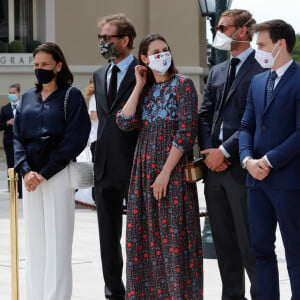 La princesse Stéphanie de Monaco, Andrea et sa femme Tatiana Casiraghi, Pierre Casiraghi, Louis et sa femme Marie Ducruet, Pauline Ducruet, Camille Gottlieb - Le mardi 2 juin 2020 à Monaco, ce jour, qui restera sans doute dans les annales, marque l'inauguration par le couple princier de la nouvelle architecture de la Place du Casino et la réouverture simultanée de l'emblématique Brasserie du Café de Paris Monte-Carlo, fermée suite à la crise sanitaire liée à l'épidémie de Coronavirus (Covid-19). Les participants portent tous des masques fournis par la fondation Princesse Charlène de Monaco. © Claudia Albuquerque / Bestimage