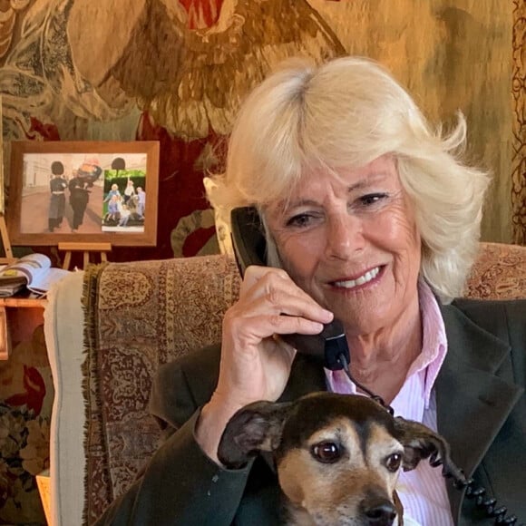 Camilla Parker Bowles lors d'une téléconférence en avril 2020 avec la fondatrice et une utilisatrice d'un numéro d'aide pour les personnes âgées souffrant de la solitude et de l'isolement. ©Clarence House/PA Wire/Photoshot/ABACAPRESS.COM