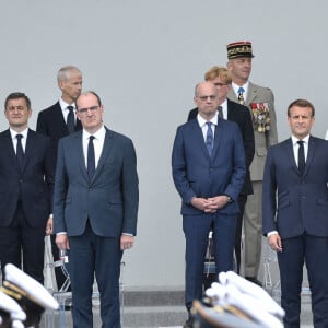 Richard Ferrand, président de l'Assemblée Nationale, Gérald Darmanin, ministre de l'Intérieur, Jean Castex, premier ministre, Jean-Michel Blanquer, ministre de l'éducation nationale et de la jeunesse et des sports, le président de la république Emmanuel Macron, la première dame Brigitte Macron lors de la cérémonie du 14 juillet à Paris le 14 juillet 2020. © Eliot Blondet / Pool / Bestimage