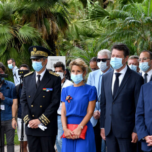 Bernard Gonzalez, le préfet des Alpes-Maritimes, Laura Tenoudji Estrosi, son mari Christian Estrosi, le maire de Nice, et Eric Ciotti, le député de la 1ere circonscription des Alpes-Maritimes, durant la Cérémonie d'Hommage Municipal aux victimes de l'attentat du 14 Juillet 2016 à Nice le 14 juillet 2020.  © Bruno Bebert / Bestimage