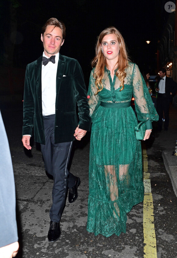 Exclusif - La princesse Beatrice d'York et son compagnon Edoardo Mapelli Mozzi - Les célébrités arrivent au diner après avoir assisté au mariage de Lady G. Windsor et T. Kingston dans la chapelle Saint-Georges du château de Windsor, le 19 mai 2019.