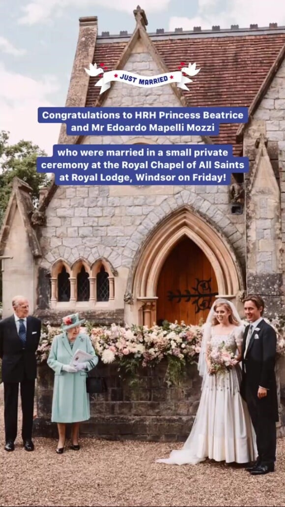 Les voeux de bonheur du prince William et Kate Middleton à la princesse Beatrice et Edoardo Mapelli Mozzi, suite à leur mariage célébré le 17 juillet 2020 à Windsor.
