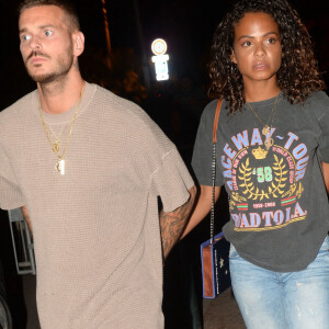 Exclusif - Matt Pokora (M. Pokora) et sa compagne Christina Milian à la sortie du VIP Room à Saint-Tropez, le 17 août 2018. © Rachid Bellak/Bestimage