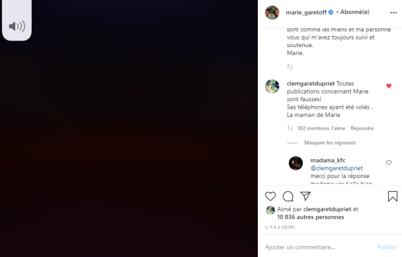 La mère de Marie Garet s'exprime en commentaires sur Instagram.