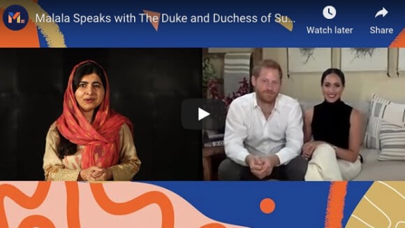 Le prince Harry et Meghan Markle en visioconférence avec la militante Malala Yousafzai, le 11 octobre 2020. 


