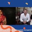 Le prince Harry et Meghan Markle en visioconférence avec la militante Malala Yousafzai, sur YouTube, le 11 octobre 2020. 
  