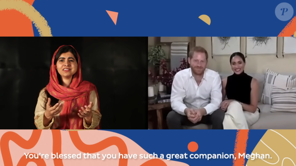 Le prince Harry et Meghan Markle en visioconférence avec la militante Malala Yousafzai, sur YouTube, le 11 octobre 2020. 