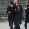 Christophe Maé et sa femme Nadège Sarron - Sorties de l'église de la Madeleine après les obsèques de Johnny Hallyday à Paris - Le 9 décembre 2017 