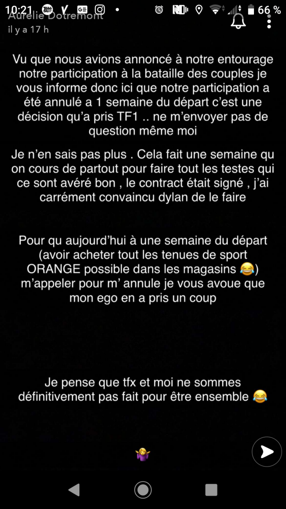 Aurélie Dotremont annonce qu'elle a été évincée de "La Bataille des couples" saison 3, Snapchat, le 22 octobre 2020