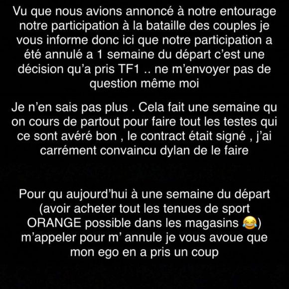 Aurélie Dotremont annonce qu'elle a été évincée de "La Bataille des couples" saison 3, Snapchat, le 22 octobre 2020