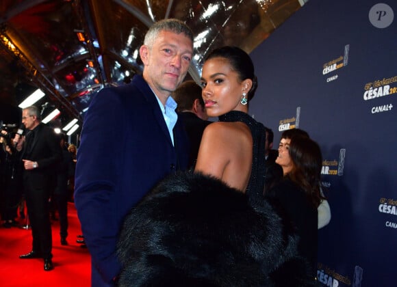 Exclusif - Vincent Cassel et sa compagne Tina Kunakey lors de l'arrivée à la 45ème cérémonie des Cesar à la salle Pleyel à Paris, le 28 février 2020.