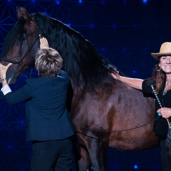 Exclusif- Joëlle Balland, Véronique Jannot et son cheval Alboroto - Enregistrement de l'émission "La boîte à Secrets 5" à Paris, qui sera diffusée le 6 novembre sur France 3. Le 21 septembre 2020. © Tiziano Da Silva / Bestimage 