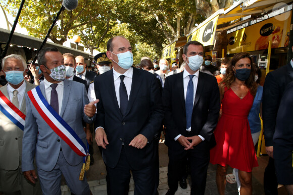 Visite du premier ministre et du ministre de la santé à la Grande-Motte le 11 Août 2020 - Jean Castex and Stephan Rossignol, mayor of La Grand-Motte and Olivier Veran and Coralie Dubost. French Prime Minister Jean Castex and French Health Minister Olivier Veran during a visit in La Grande-Motte, southern France, on August 11, 2020. © Alain Robert / Pool / Bestimage