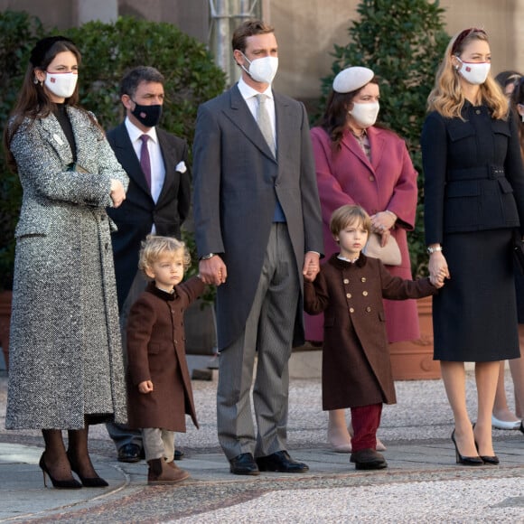 Andrea Casiraghi, Tatiana Casiraghi (Tatiana Santa Domingo), Stefano Ercole Carlo Casiraghi, Pierre Casiraghi, Francesco Carlo Albert Casiraghi, Camille Gottlieb, Beatrice Borromeo - La famille princière assiste à une cérémonie de remise de médaille dans la cours du Palais de Monaco lors de la Fête Nationale 2020 de la principauté de Monaco le 19 novembre 2020. © David Nivière / Pool / Bestimage 