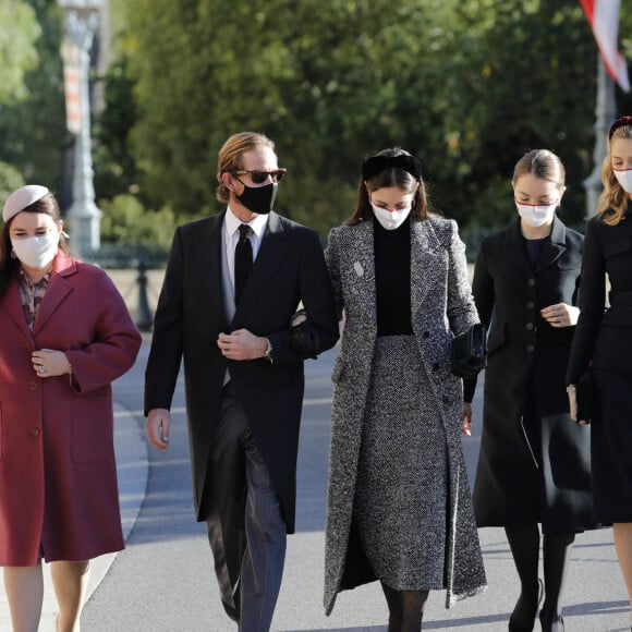 Camille Gottlieb, Andrea Casiraghi, Tatiana Casiraghi (Tatiana Santa Domingo), la princesse Alexandra de Hanovre, Beatrice Borromeo, Pierre Casiraghi - La famille princière assiste à la messe d'action de grace avec Te Deum à la cathédrale de Monaco à l'occasion de la Fête Nationale 2020 de la principauté de Monaco le 19 novembre 2020. © Claudia Albuquerque / Bestimage 