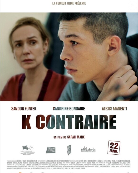 Sandor Funtek sur l'affiche du film "K Contraire" avec Sandrine Bonnaire. C'est pour ce film qu'il fait partie de révélations aux César 2021.