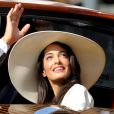 George Clooney et sa femme Amal Alamuddin quittent l'hôtel Cipriani pour se rendre au palais de Ca Farsetti à Venise, le 29 septembre 2014 pour leur mariage civil à la mairie de Venise.