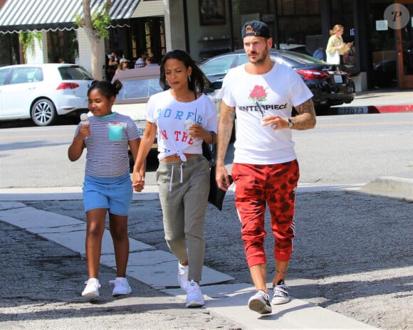 Matt Pokora, sa compagne Christina Milian enceinte et sa fille Violet Nash à Los Angeles, le 3 août 2019. 