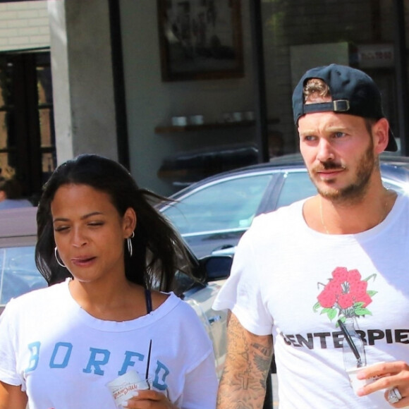 Matt Pokora, sa compagne Christina Milian enceinte et sa fille Violet Nash à Los Angeles, le 3 août 2019. 