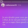 Malika Ménard s'explique sur Instagram le 4 janvier 2021, après son passage dans l'émission "Tous en cuisine", sur M6, le 29 décembre dernier.